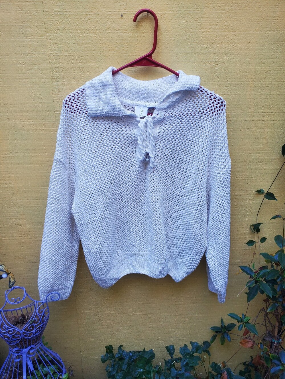 White Knit Collared Women's Sweater with Tie Detail And Rhinstone Sparkles